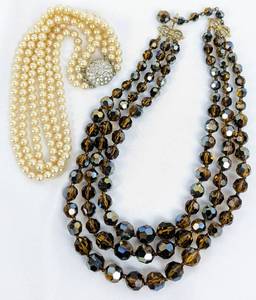 lot 244 image: Marvelous Marvella Amber Glass Bead and Pearly Triple Strand Night-Out Necklaces