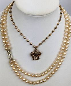 lot 242 image: TRIFARI Twosome Double Faux Pearl Strands wit Box and Crown Necklace Marked 12K G.F.
