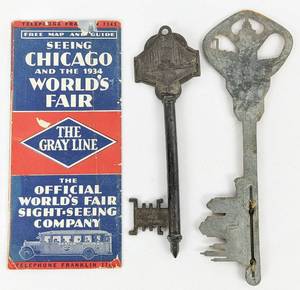 lot 241 image: 1933-1934 Chicago World Fair Guide, Bronze Key and Key-Shaped Thermometer Souvenirs