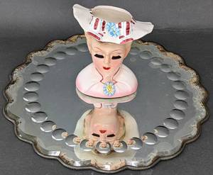 lot 206 image: Vintage Lefton 2358 Ceramic Lady Pot Head Vase and Scalloped Vanity Mirror
