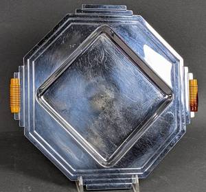 lot 174 image: 3 Art Deco Silver-Tone Serving Trays - One with Bakelite Handles
