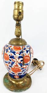 lot 297 image: Vintage Hand-Painted Asian Motif Ceramic  Brass 12-Inch Lamp with Carved Finial