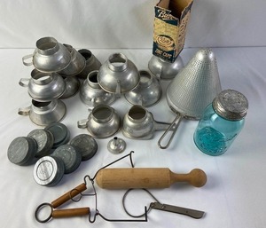 lot 327 image: Vintage Canning Supplies, Blue Ball Jar, Chinois & Pestle, Ball Lids, and more