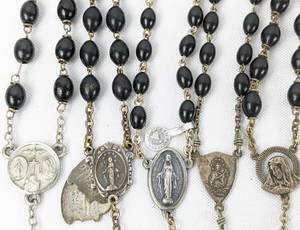 lot 311 image: Ten Assorted Black Bead Vintage Rosaries - Includes Ebony and Pewter, Mysteries and Miracle Medals