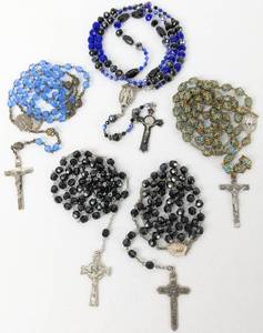 lot 313 image: Five Special Rosaries - Bohemian Glass, Jet Black and Blue Beads, Antique Medallions, Chapel Mark