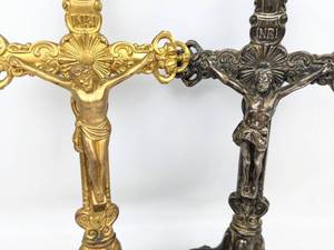 lot 375 image: Antique Cast Metal Standing Crucifixes Gilded Jennings Brothers #1427 and Similar in Silver-Tone