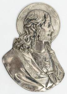 lot 373 image: 3 Metal Faith Wall Plaques 1924 LVA Sacred Heart of Jesus  Stations of the Cross  Sacred Heart