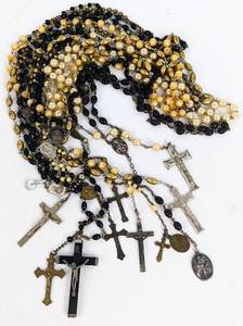 lot 342 image: Ten Vintage Rosaries - Black, Golden, Metal and Yellow-Toned Beads, Rugged Rosaries, More