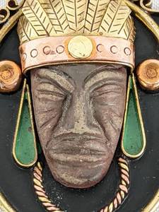 lot 482 image: Vintage Aztec Warrior Head Clay and Mixed Metals Necklace - Made in Mexico