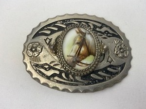 lot 461 image: Vintage Leather Bridle  Headstall and 2 Horsehead Cameo Belt Buckles