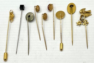 lot 413 image: Nine Vintage Stick Pins Including A Cameo Pin and Three Glass Cabochon Pins