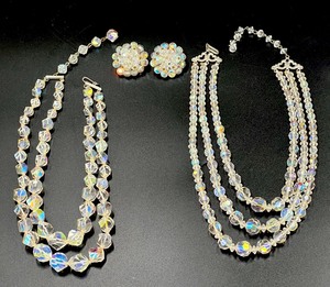 lot 414 image: Two Vintage Aurora Borealis Faceted Bead Necklaces and Matching Clip-On Earrings