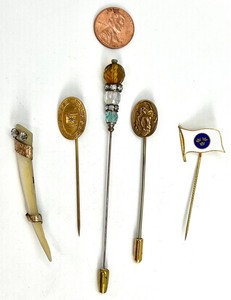 lot 480 image: Five Vintage Pins Including Mortar and Pestle, Swedish Crowns, Mother of Pearl Horn and Female Figure