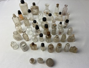 lot 540 image: Lot of 44 Vintage Clear Small Glass Bottles - Variety of Shapes and Sizes