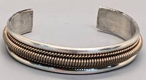 lot 547 image: Vintage Navajo Sterling Silver Bracelets- Tahe Navajo Signed with 12K Gold Fill and Turquoise w Leaf Motif