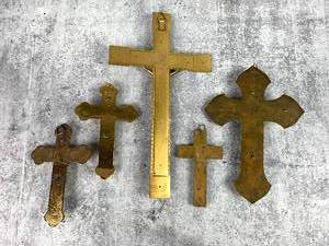 lot 455 image: Five Vintage Crucifixes- Mother of Pearl, Wood Inlay, Enameled & Gold Gilt