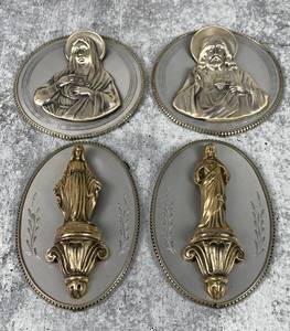lot 403 image: Four Small Metal 3D Wall Hangings featuring Mary and Joseph - Vintage