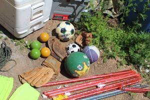 lot 150 image: Sports Equipment - (3) Baseball Gloves, (4) Balls, (1) Soccer Ball - large, (1) Soccer Ball - small, (1) Basketball - large, (1) Basketball - small