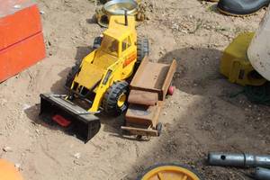 lot 157 image: Lot of (2) Vintage Toys - Tonka Metal End Loader, Wood Dump Truck
