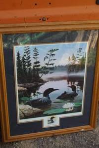 lot 465 image: Loons by Leo Stang circa 1993 Signed Hand Signed and Remarked Print - Conservation Edition , Wood FrameDouble MatteGlass