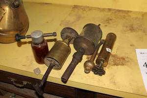 lot 413 image: Lot of (5) Vintage Brass, Steel, Glass Manufacturing Parts
