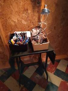 lot 111 image: Dark Green Metal Table & Office Supplies
