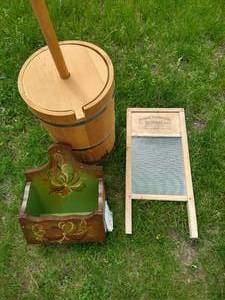 lot 130 image: Butter Churn, Norwegian Mail Holder & Washboard