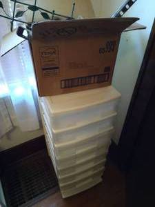 lot 223 image: Tall Rolling Organizer w Box of Over the Door Hangers