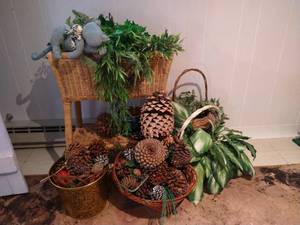 lot 248 image: Wicker Plant Stand w Baskets & Buckets of Pine Cones