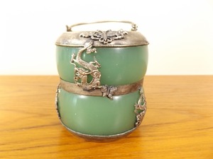 lot 23 image: 3.5 Tall Antique Jade and Silver Cup with Handles