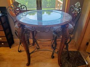 lot 22 image: Stone And Glass-Top Bistro Table With Two Chairs