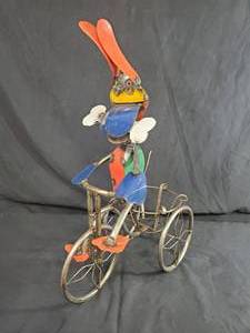 New Handmade Recycled Metal Dog on Trike Planter