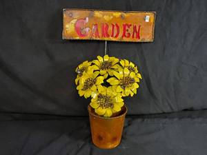New Handmade Recycled Metal Garden Sign with Flowers in Pot