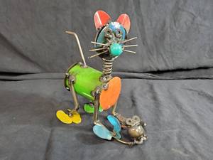 New Handmade Recycled Metal Cat with Mouse