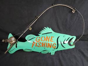 New Handmade Recycled Metal Gone Fishing Sign