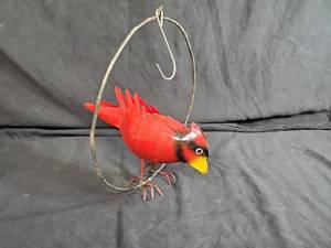 New Handmade Recycled Metal Cardinal on Perch