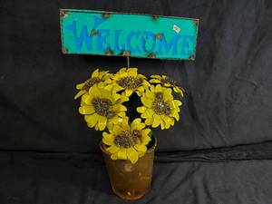 New Handmade Recycled Metal Welcome Sign with Flowers in Pot