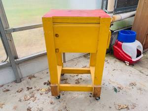 lot 16 image: Hand Built Wheeled WorkbenchCart in Bright Yellow and Red and Vintage Red Metal Toolbox