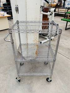 lot 54 image: Rusty white metal pantry cupboard, Heavy duty chrome wire cart