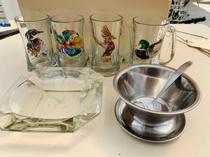 lot 72 image: Handpainted duck beer mugs, cut glass duck ashtray, stainless steel bowl with ladle.
