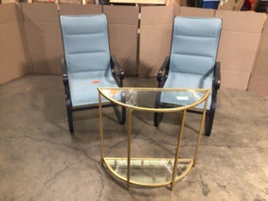 Mix Lot of 2 Light Blue Patio Chairs and Glass Table - Review all pictures