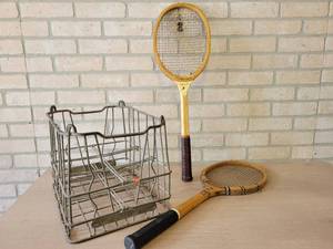 Babcock Dairy Milk Crate and (2) Vintage Wood Tennis Rackets