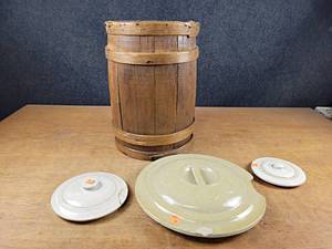 Antique Nail Barrel  Woodstock VT and Crock Covers - NO SHIPPING