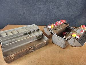 Pair of Vintage Metal Tackle Boxes and oodles of Bobbers