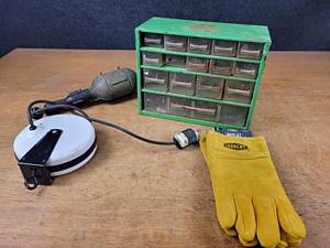 Retractable Trouble Light, Parts Bin and NEW Pair of Large Welding Gloves