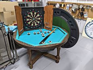 lot 922 image: Bumper PoolPoker Table and Digital Dartboard - Table Measures About 48 Diameter x 29 Tall - NO SHIPPING
