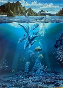 lot 301 image: Framed Sea Life Print Dolphins in Hawaii by Robert Lyn Nelson