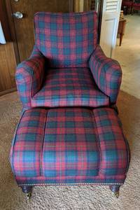 lot 95 image: Green and Red Plaid Armchair and Ottoman by Sherrill