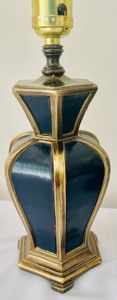 lot 150 image: Petite Brass Lamps with Navy Blue Accents