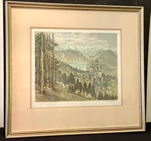 lot 108 image: Vintage Colored Etching Print of Neuschwanstein Castle by Hans Figura